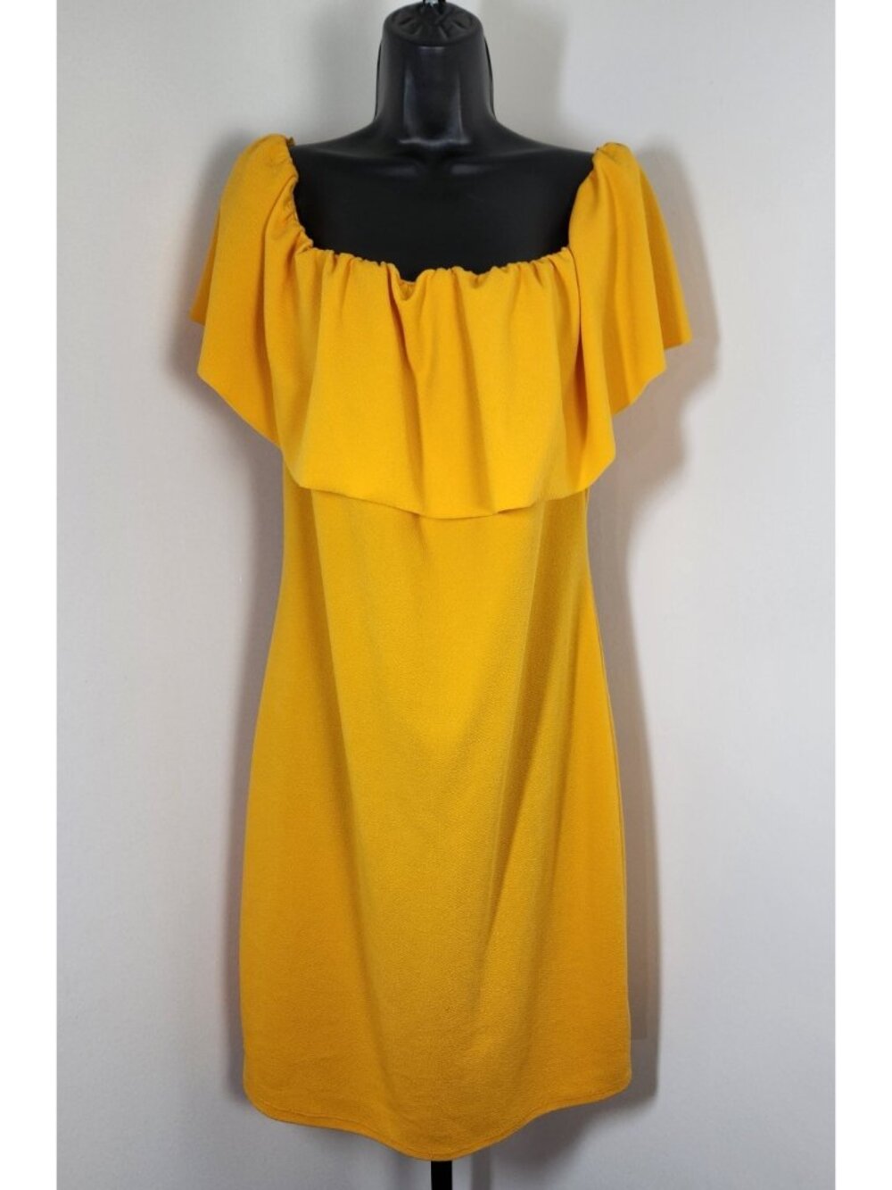 LOVE J -RUFFLE OFF THE SHOULDER KNEE LENGTH DRESS- YELLOW- PLUS SIZE 3X